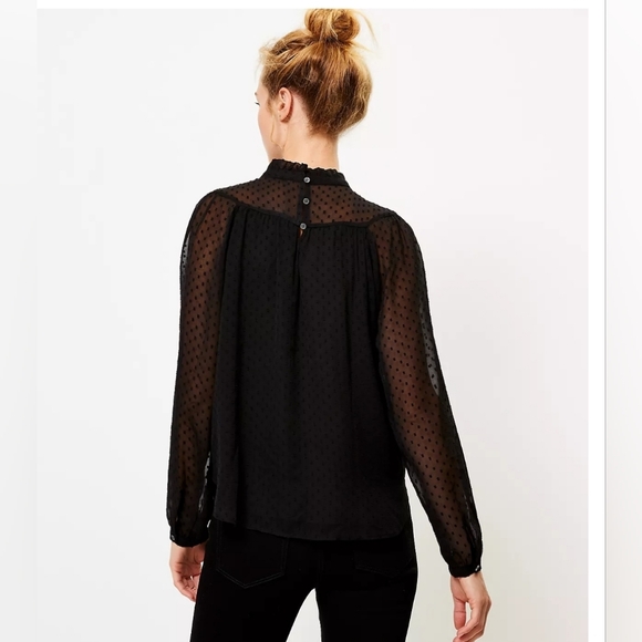 Ann Taylor Loft Clip Dot Shirred Ruffle Neck Blouse Black XS - Picture 2 of 10